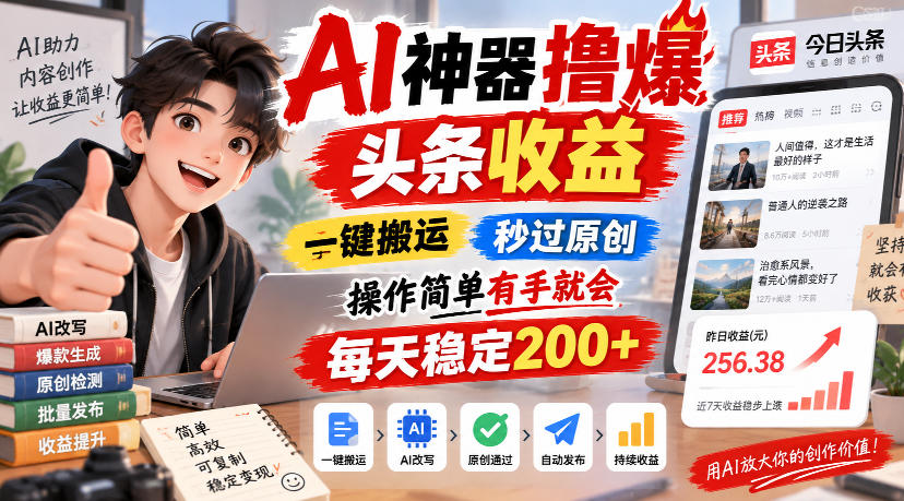 AI神器撸爆头条收益,一键搬运,秒过原创,操作简单有手就会,每天稳定200+【揭秘】-创学资源站