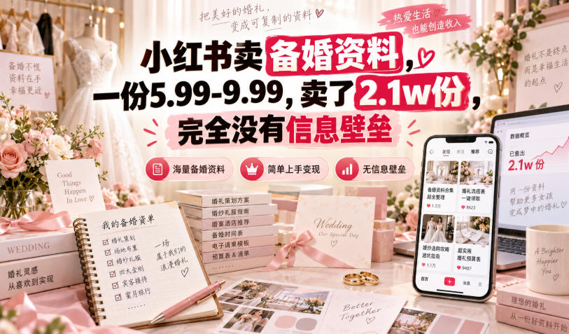 小红书卖备婚资料，一份5.99-9.99，卖了2.1w份，完全没有信息壁垒-创学资源站