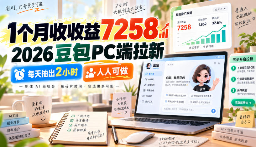 1个月收收益7258，2026豆包PC端拉新，每天抽出2小时，人人可做-创学资源站