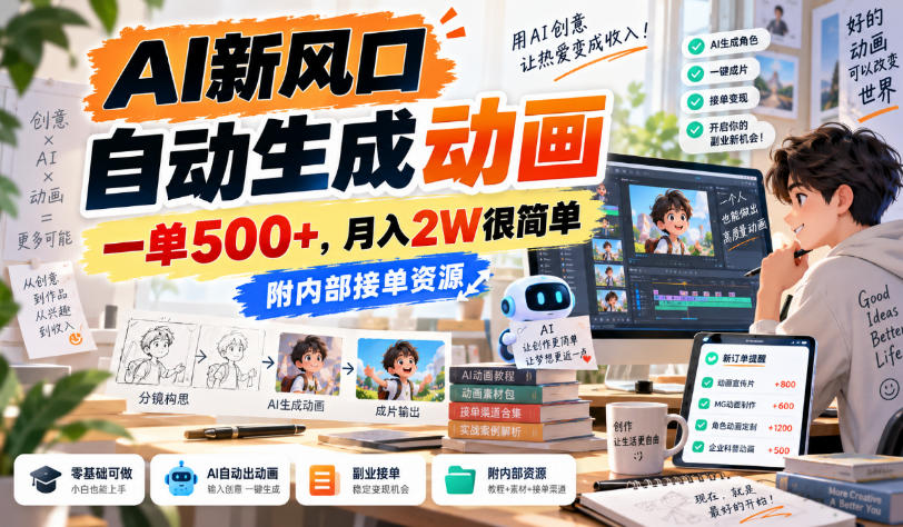 AI新风口,自动生成动画,一单500+,月入2W很简单,附内部接单资源【揭秘】-创学资源站