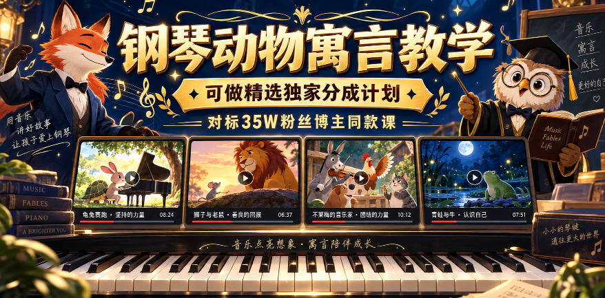 钢琴动物寓言教学，可做精选独家分成计划，对标35W粉丝博主同款课-创学资源站