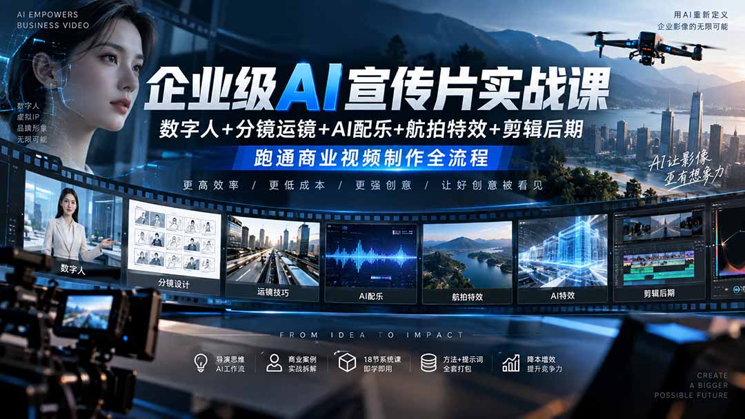 企业级AI宣传片实战课|数字人+分镜运镜+AI配乐+航拍特效+剪辑后期,跑通商业视频制作全流程-创学资源站