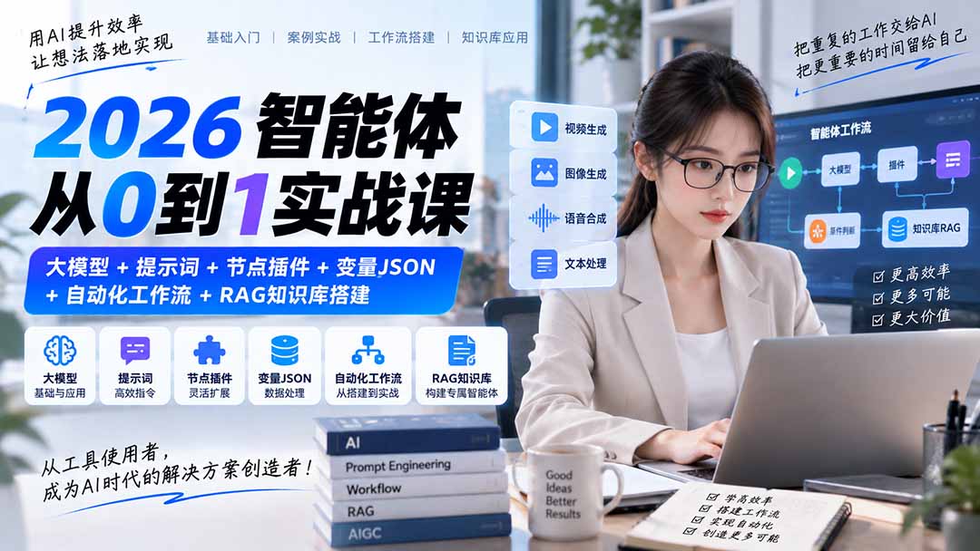 2026智能体从0到1实战课|大模型+提示词+节点插件+变量JSON+自动化工作流+RAG知识库搭建-创学资源站