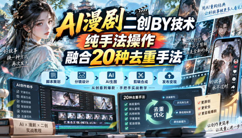 AI漫剧二创搬运技术，纯手法操作，融合20种去重手法-创学资源站