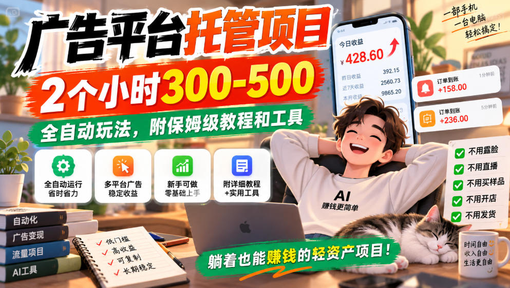 广告平台托管项目,2个小时300-500,全自动玩法,附保姆级教程和工具,小白照着就能做【揭秘】-创学资源站