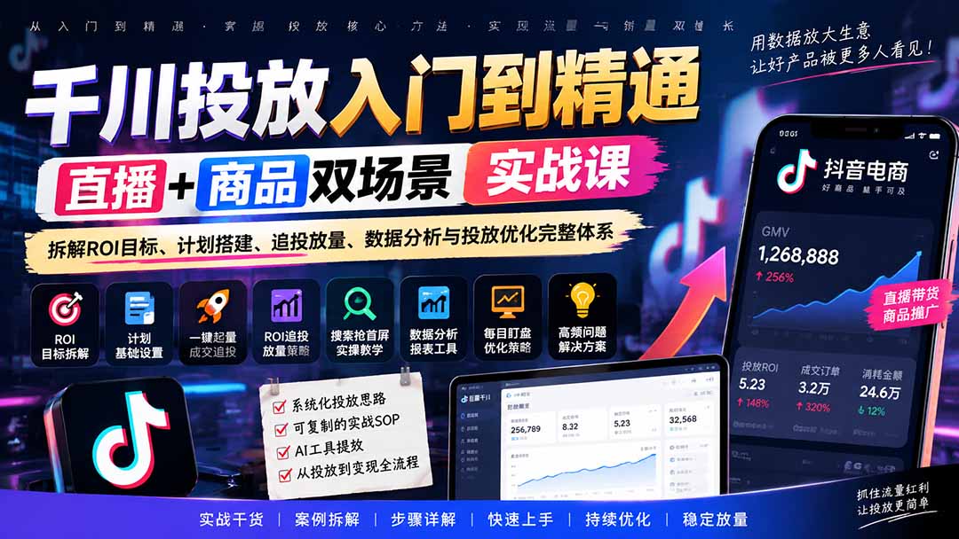 千川投放入门到精通实战课｜直播+商品双场景拆解ROI目标、计划搭建、追投放量、数据分析与投放优化完整体系-创学资源站