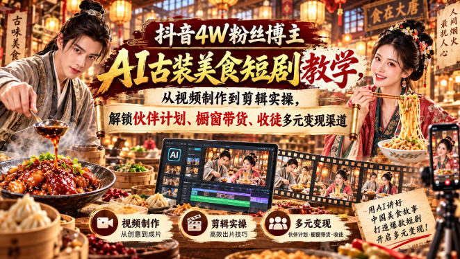 抖音4W粉丝博主AI古装美食短剧教学,从视频制作到剪辑实操,解锁伙伴计划、橱窗带货、收徒多元变现渠道-创学资源站