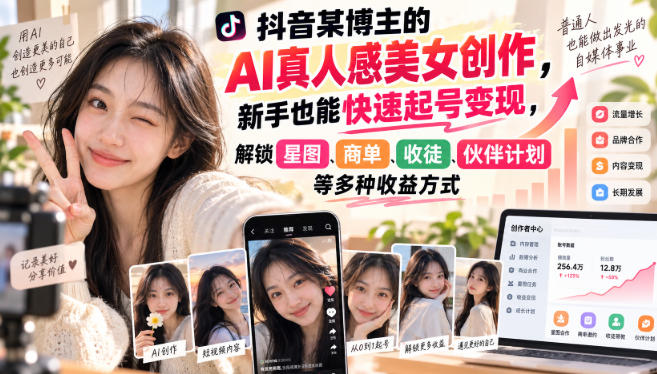 抖音某博主的AI真人感美女创作,新手也能快速起号变现,解锁星图,商单,收徒,伙伴计划等多种收益方式-创学资源站