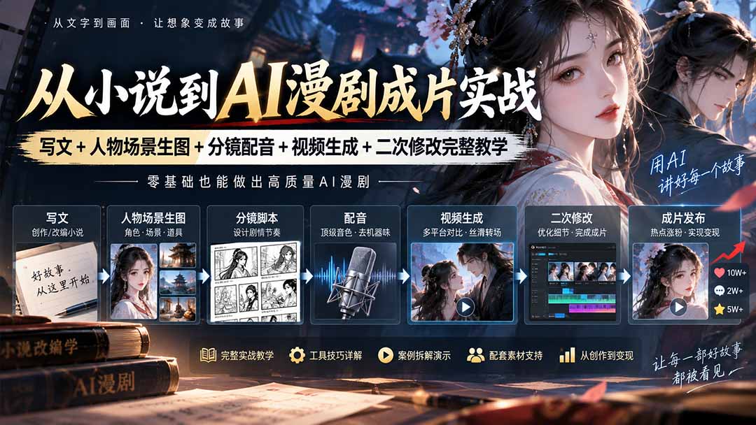 从小说到AI漫剧成片实战：写文+人物场景生图+分镜配音+视频生成+二次修改完整教学-创学资源站