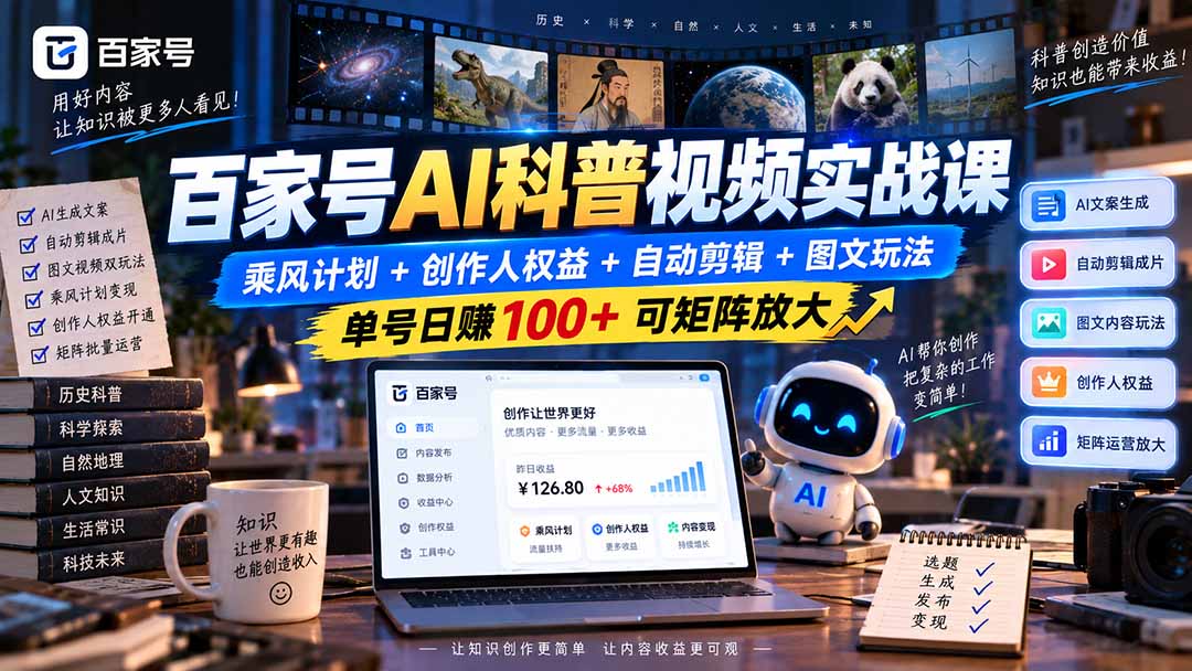 百家号AI科普视频实战课：乘风计划+创作人权益+自动剪辑+图文玩法，单号日赚100+可矩阵放大-创学资源站