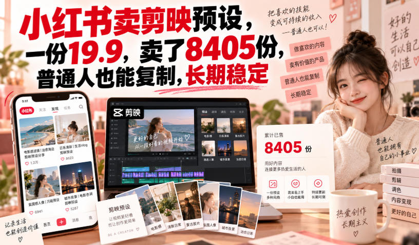 小红书卖剪映预设，一份19.9，卖了8405份，普通人也能复制，长期稳定-创学资源站