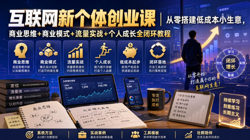 互联网新个体创业课|从零搭建低成本小生意,商业思维+商业模式+流量实战+个人成长全闭环教程(更新0922)-创学资源站