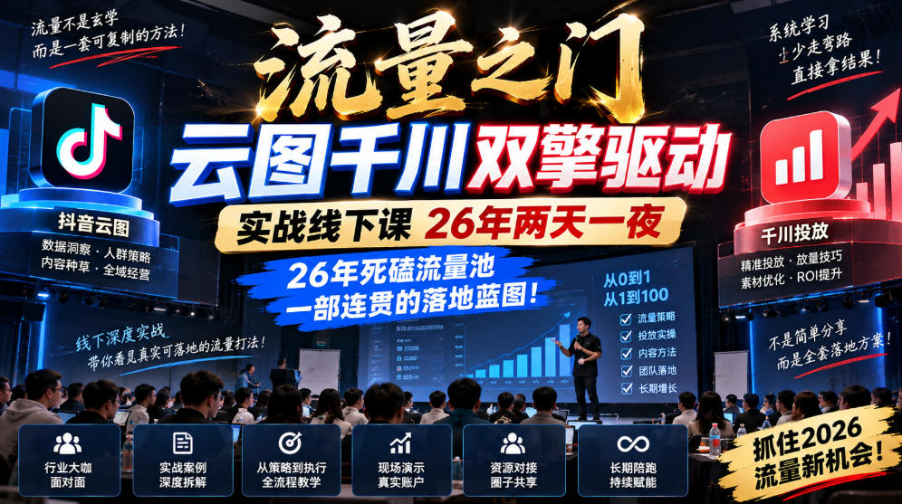 流量之门-云图千川双擎驱动实战线下课26年两天一夜，26年死磕流量池一部连贯的落地蓝图!-创学资源站