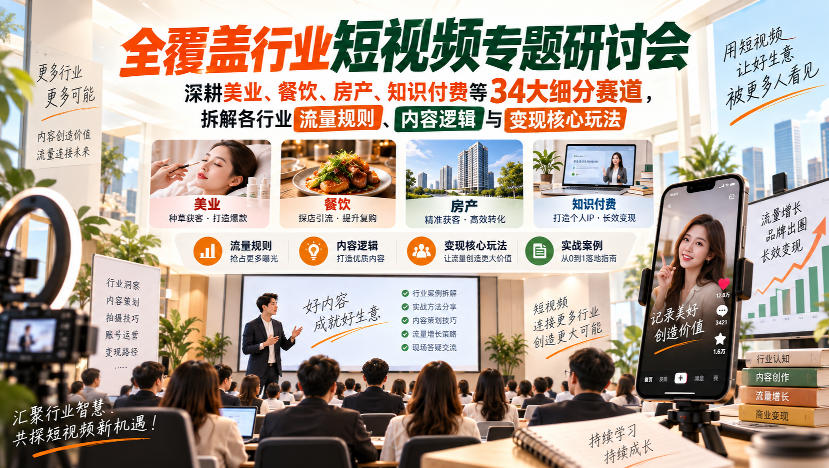 短视频专题研讨会，深耕美业、餐饮、房产、知识付费等34大细分赛道，拆解各行业流量规则、内容逻辑与变现核心玩法-创学资源站