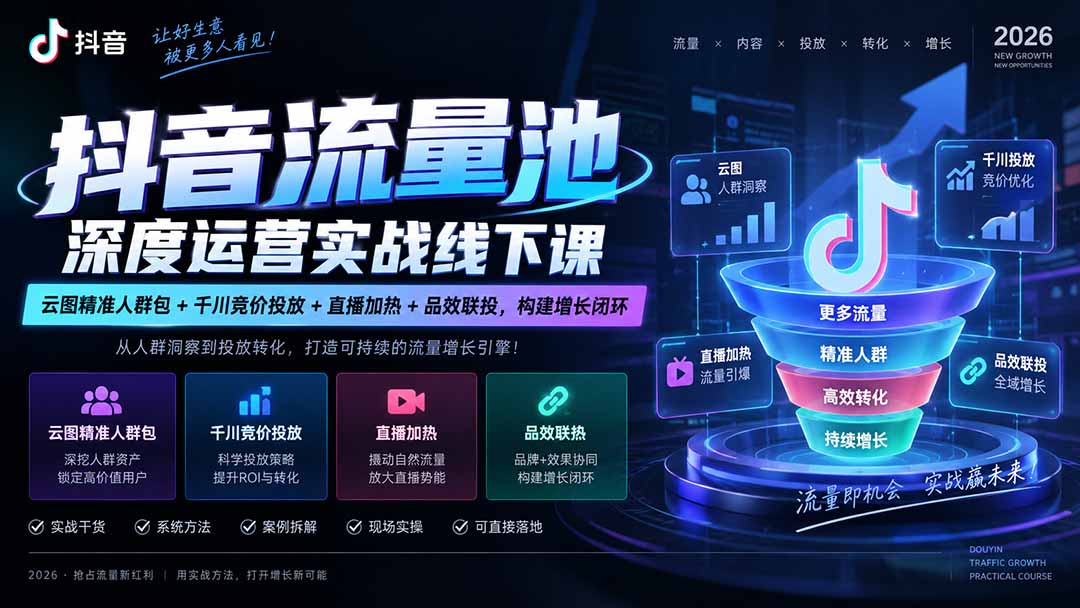 抖音流量池深度运营实战线下课|云图精准人群包+千川竞价投放+直播加热+品效联投,构建增长闭环-创学资源站