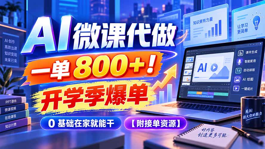 AI 微课代做，一单 800+！开学季爆单，0 基础在家就能干【附接单资源】-创学资源站