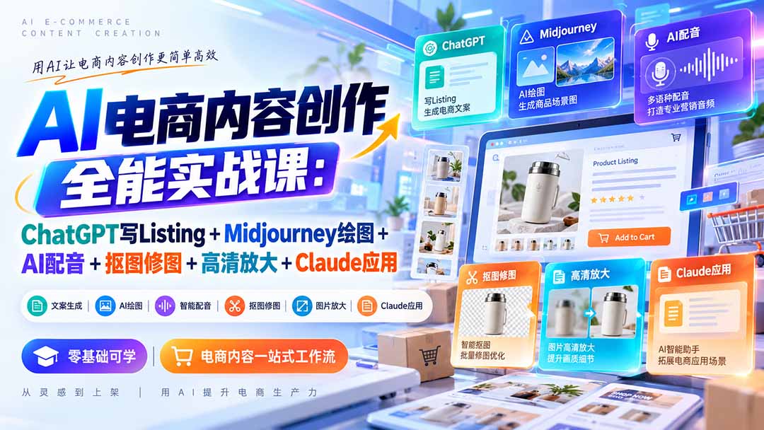 【无水印】AI电商内容创作全能实战课：ChatGPT写Listing+Midjourney绘图+AI配音+抠图修图+高清放大+Claude应用-创学资源站