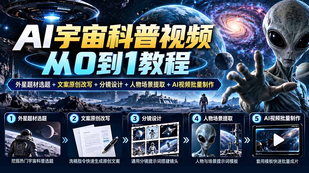 AI宇宙科普视频从0到1教程｜外星题材选题+文案原创改写+分镜设计+人物场景提取+AI视频批量制作-创学资源站