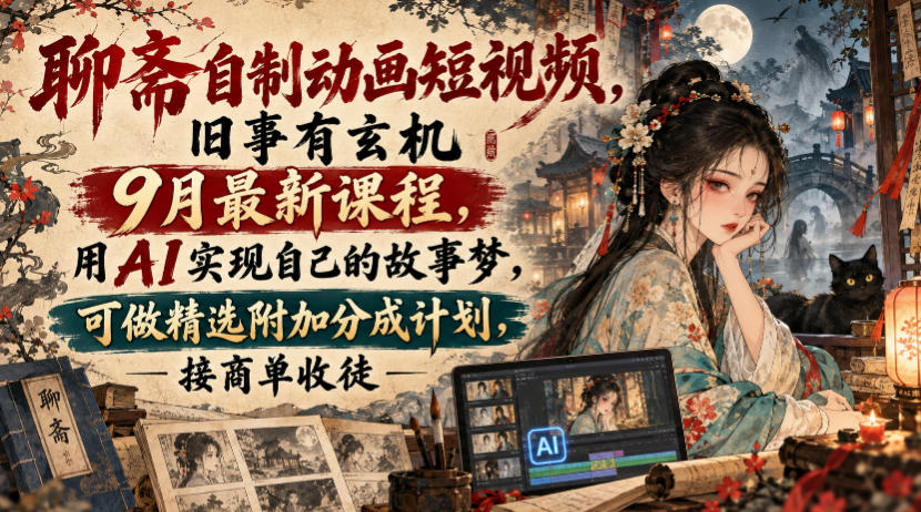 聊斋自制动画短视频，旧事有玄机9月最新课程，用AI实现自己的故事梦，可做精选附加分成计划，接商单收徒-创学资源站