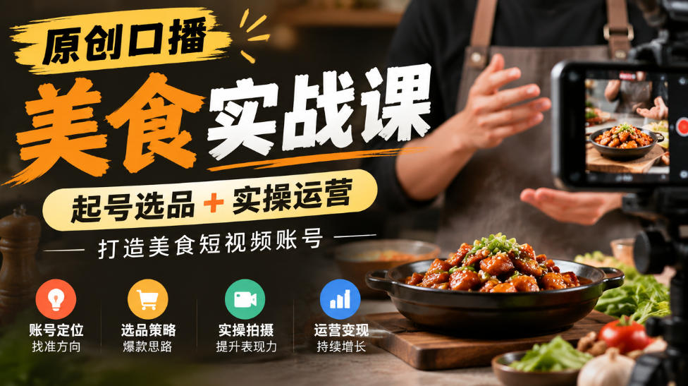 原创口播美食实战课，起号选品+实操运营，打造美食短视频账号-创学资源站