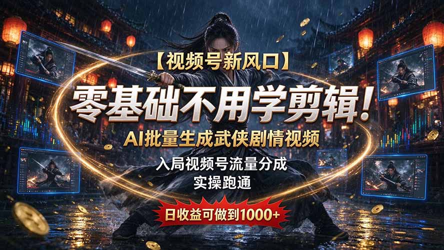 【视频号新风口】零基础不用学剪辑！AI 批量生成武侠剧情视频，入局视频号流量分成，实操跑通，日收益可做到 1000+-创学资源站