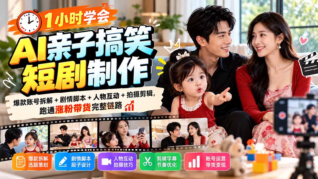 1小时学会AI亲子搞笑短剧制作：爆款账号拆解+剧情脚本+人物互动+拍摄剪辑，跑通涨粉带货完整链路-创学资源站