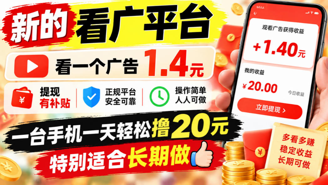 一个新的看广平台，看一个广告1.4元，提现有补贴,一台手机一天轻松撸20+，特别适合长期做【揭秘】-创学资源站