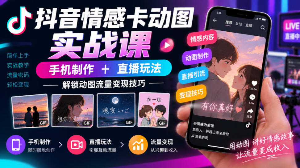 抖音情感卡动图实战课｜手机制作+直播玩法，解锁动图流量变现技巧-创学资源站