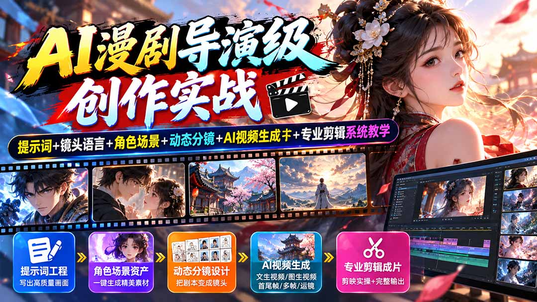 AI漫剧导演级创作实战：提示词+镜头语言+角色场景+动态分镜+AI视频生成+专业剪辑系统教学-创学资源站
