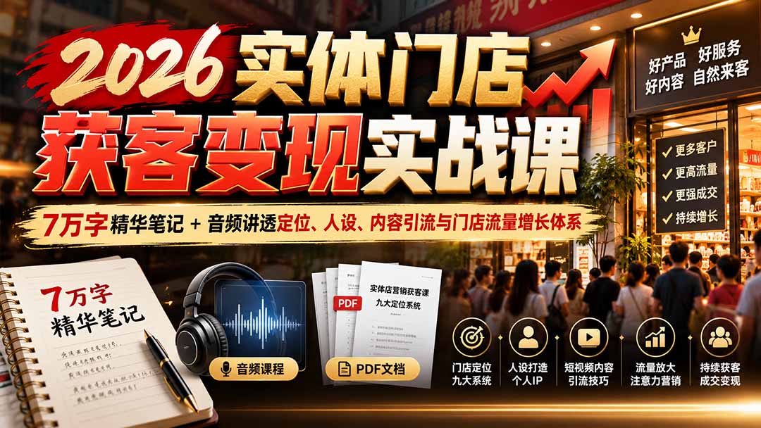 2026实体门店获客变现实战课:7万字精华笔记+音频讲透定位、人设、内容引流与门店流量增长体系-创学资源站