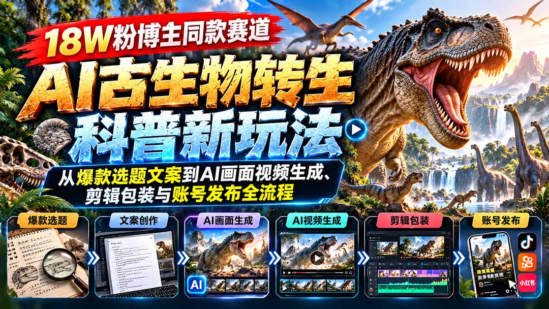 18W粉博主同款赛道-AI古生物转生科普新玩法：从爆款选题文案到AI画面视频生成、剪辑包装与账号发布全流程-创学资源站
