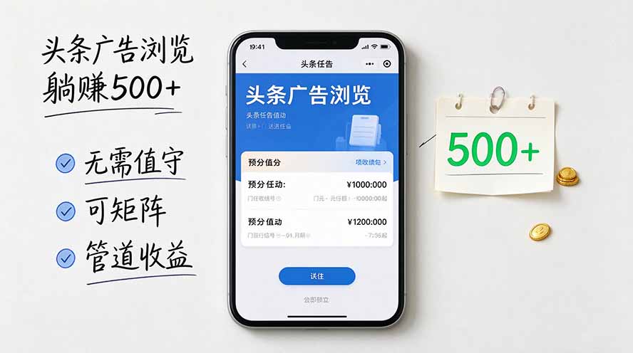 头条广告浏览躺赚500+无需值守，可矩阵并附有管道收益-创学资源站
