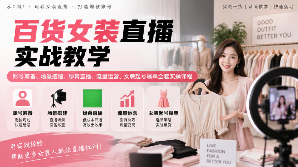 百货女装直播实战教学｜账号筹备、场景搭建、绿幕直播、流量运营、女装起号爆单全套实操课程-创学资源站