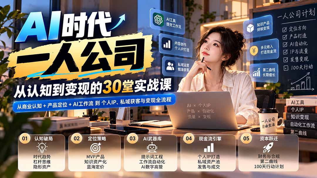 【无水印】AI时代一人公司30堂实战课:从商业认知+产品定位+AI工作流到个人IP、私域获客与变现全流程-创学资源站