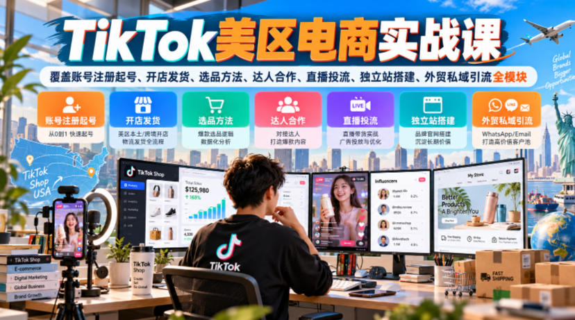 TikTok美区电商实战课，覆盖账号注册起号、开店发货、选品方法、达人合作、直播投流、独立站搭建、外贸私域引流全模块-创学资源站