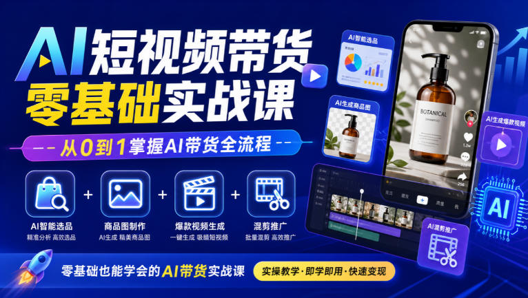 AI短视频带货零基础实战课｜AI智能选品+商品图制作+爆款视频生成+混剪推广，从0到1掌握AI带货全流程-创学资源站