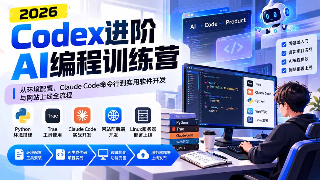 Codex进阶AI编程训练营:从环境配置、Claude Code命令行到实用软件开发与网站上线全流程-创学资源站