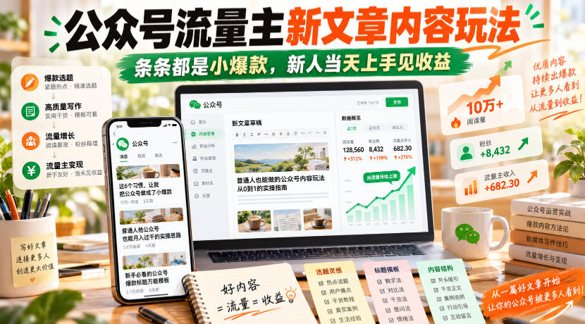 公众号流量主新文章内容玩法，条条都是小爆款，新人当天上手见收益-创学资源站