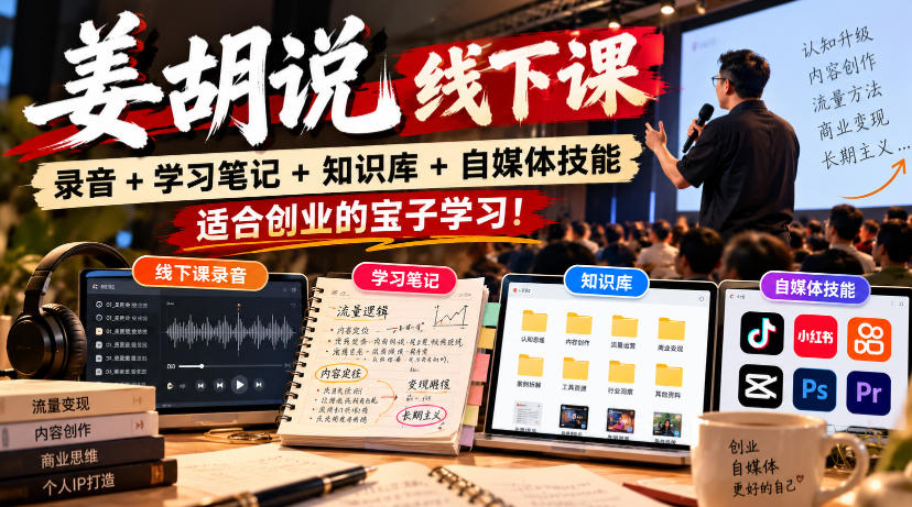 姜胡说线下课录音＋学习笔记＋知识库＋自媒体技能，​适合创业的宝子学习！-创学资源站
