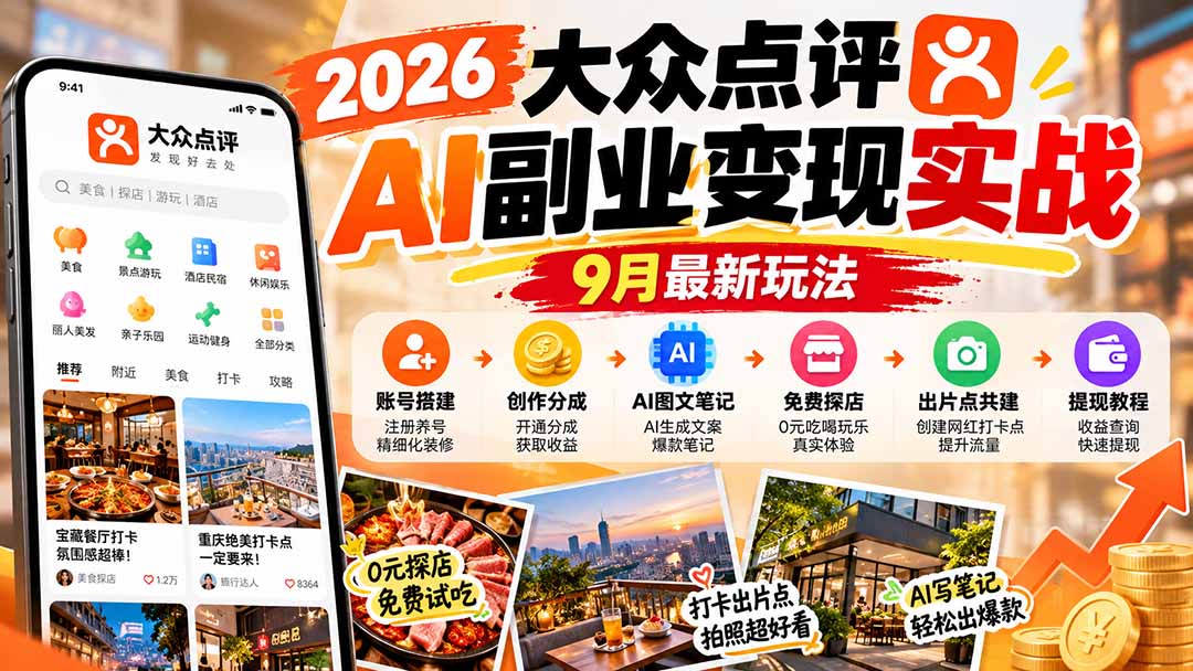 2026大众点评AI副业变现实战9月最新玩法：账号搭建+创作分成+AI图文笔记+免费探店+出片点共建与提现教程-创学资源站