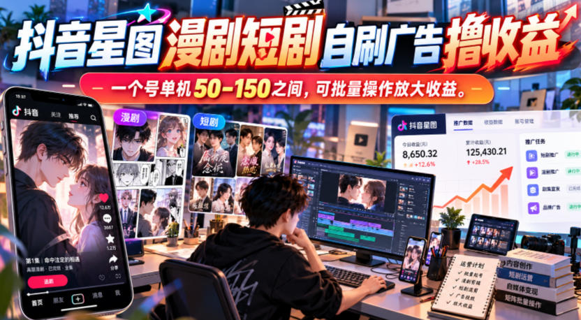 抖音星图漫剧短剧自刷广告撸收益，一个号单机50-150之间，可批量操作放大收益-创学资源站