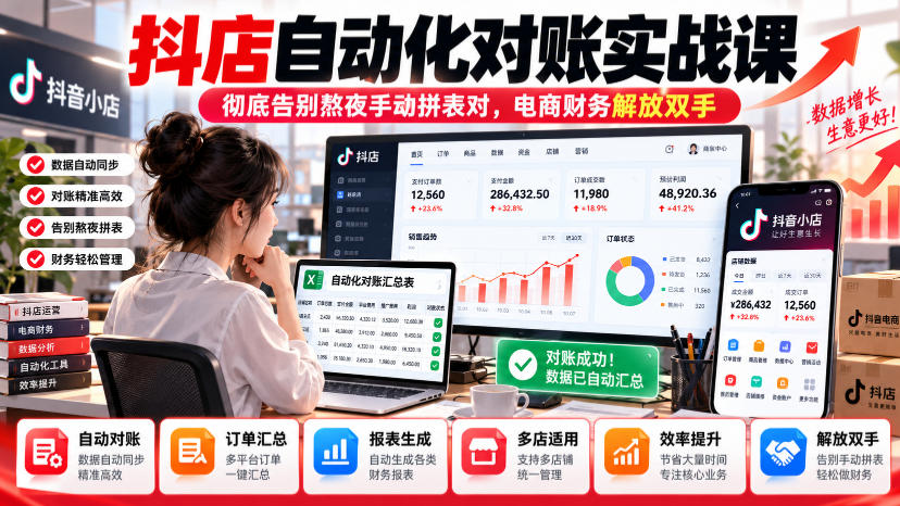 抖店自动化对账实战课,彻底告别熬夜手动拼表对,账电商财务解放双手-创学资源站