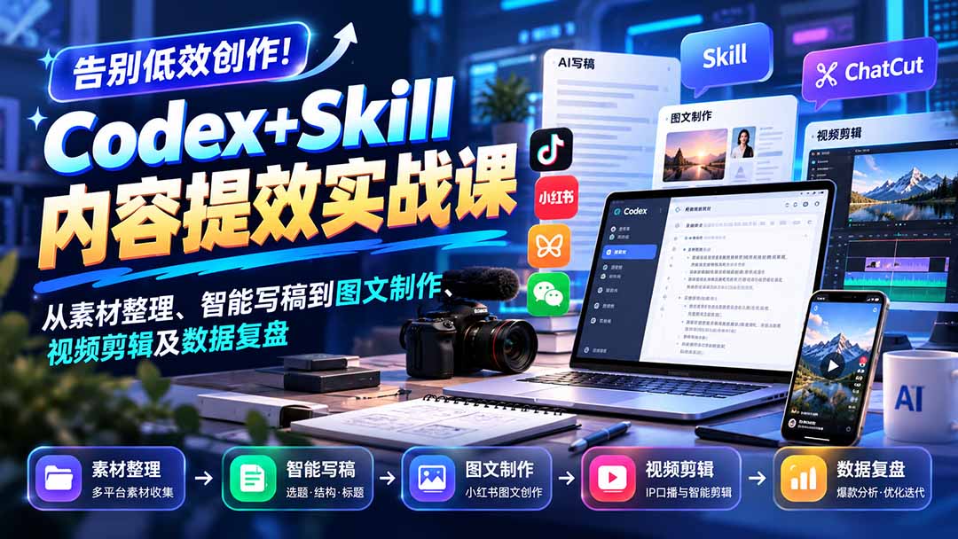 【无水印】告别低效创作!Codex+Skill内容提效实战课:从素材整理、智能写稿到图文制作、视频剪辑及数据复盘-创学资源站