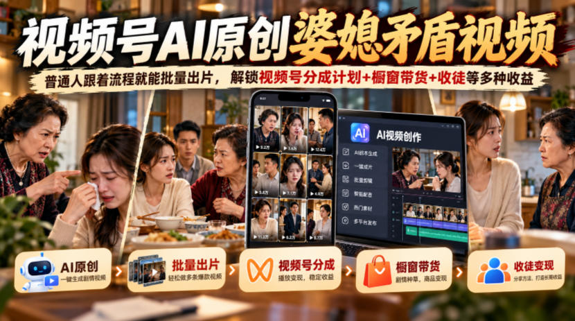 视频号ai原创婆媳矛盾视频,普通人跟着流程就能批量出片,解锁视频号分成计划+橱窗带货+收徒等多种收益-创学资源站