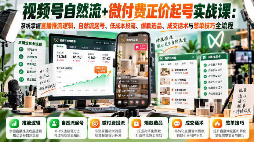 视频号自然流+微付费正价起号实战课:系统掌握直播推流逻辑、自然流起号、低成本投流、爆款选品、成交话术与憋单技巧全流程-创学资源站