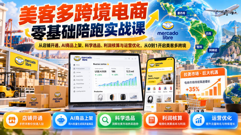 美客多跨境电商零基础陪跑实战课:从店铺开通、AI商品上架、科学选品、利润核算与运营优化,从0到1开启美客多跨境-创学资源站