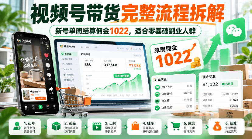 视频号带货完整流程拆解,新号单周结算佣金1022,适合零基础副业人群-创学资源站
