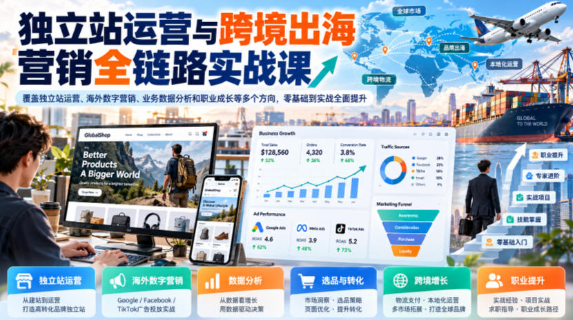 独立站运营与跨境出海营销全链路实战课,覆盖独立站运营、海外数字营销、业务数据分析和职业成长等多个方向,零基础到实战全面提升-创学资源站