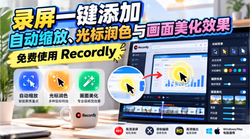 录屏一键添加自动缩放、光标润色与画面美化效果,免费使用Recordly-创学资源站