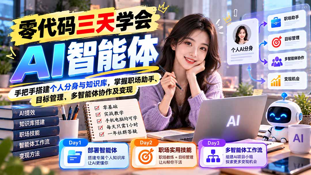 【无水印】零代码三天学会AI智能体：手把手搭建个人分身与知识库，掌握职场助手、目标管理、多智能体协作及变现-创学资源站